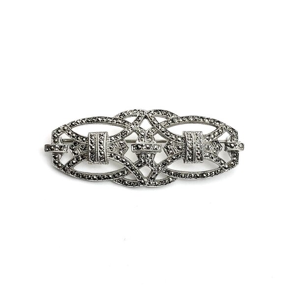 Brooch Sterling Silver Vintage Filigree Style Marcasite Stone Brooch Pin - Picture 1 of 5